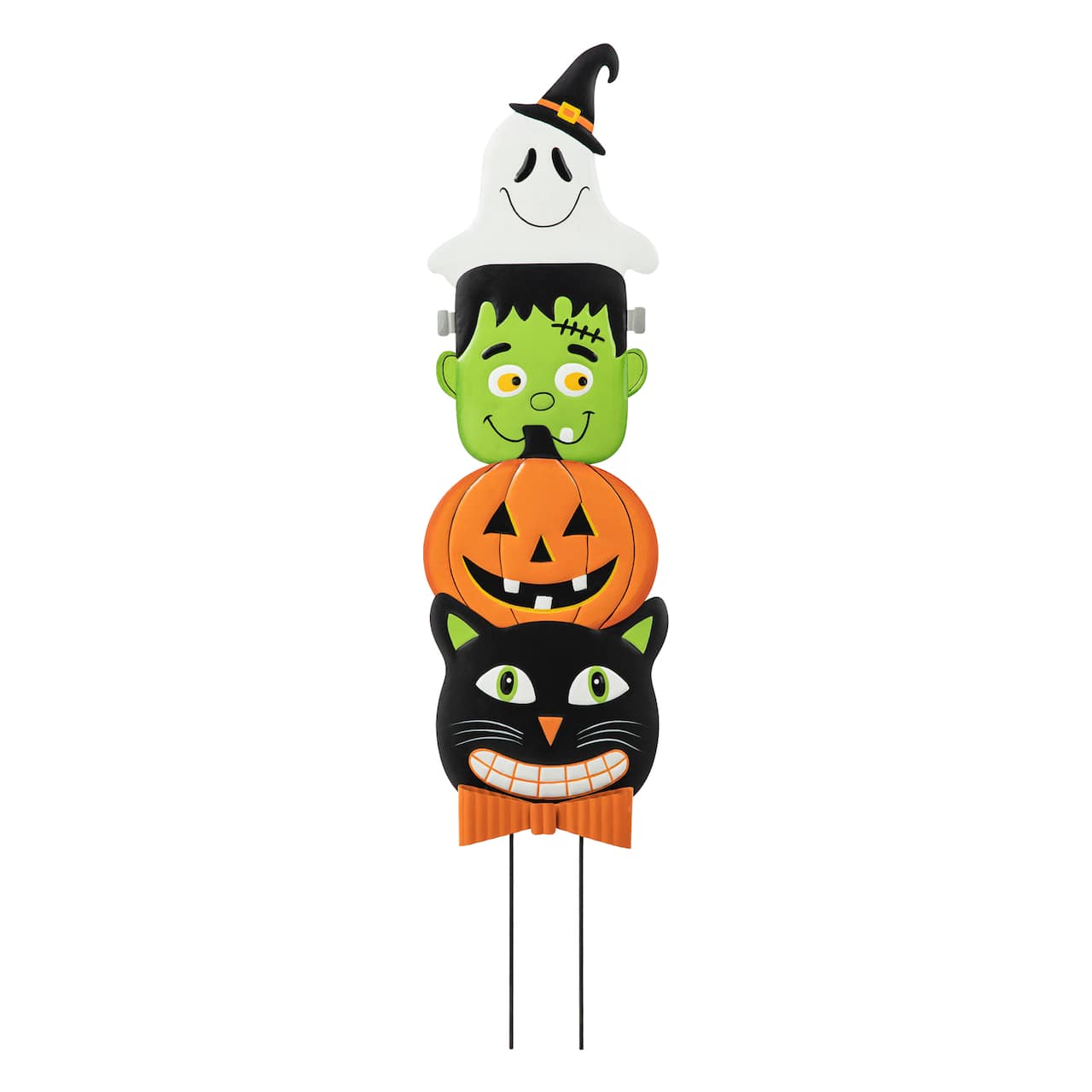 Glitzhome® 3.5ft. Halloween Metal Stacked Ghost, Frankenstein, Black Cat and Pumpkin Yard Stake